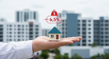 Primer plano de una mano en camisa blanca sosteniendo una casa de juguete, con un 6,5% en rojo flotando. Fondo de edificios residenciales desenfocados.