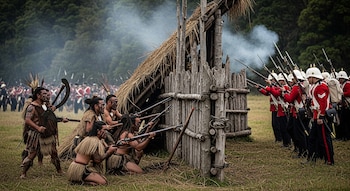 Guerreros maoríes defienden fortificación de madera. Soldados británicos de uniforme rojo con fusiles avanzan. Humo de pólvora en el aire.