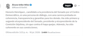 El expresidente Álvaro Uribe Vélez resaltó la trayectoria de Honorio Herníquez - crédito @AlvaroUribeVel/X