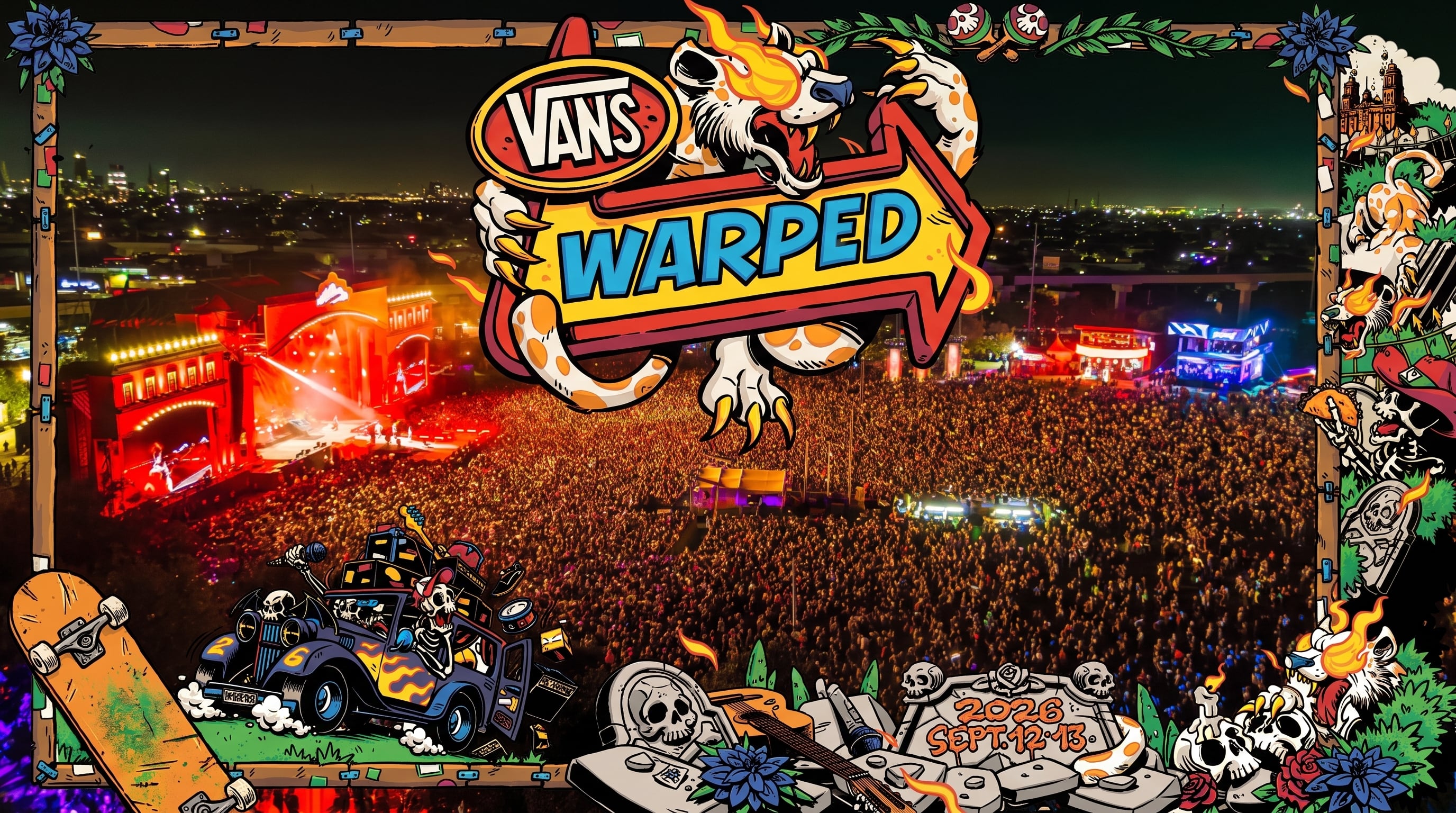 Una multitud asiste a un concierto nocturno en el Vans Warped Festival 2026, realzado por un diseño gráfico que evoca la cultura skate, punk y underground. (Imagen Ilustrativa Infobae)