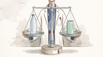 Una balanza equilibrada sostiene una botella de agua a la izquierda y una lata de refresco a la derecha sobre una cinta métrica.