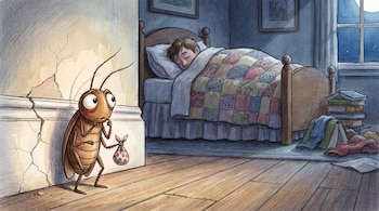 Ilustración de cucaracha marrón con bolsa detrás de muro agrietado. Un niño duerme en cama con manta a cuadros. Libros y ventana en habitación oscura.