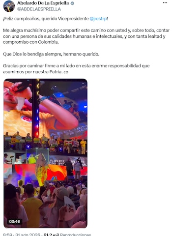 Abelardo de la Espriella felicita al vicepresidente Restrepo y destaca su compromiso con Colombia - crédito @ABDELAESPRIELLA/X