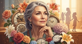 Mujer de mediana edad con cabello gris y expresión serena rodeada de relojes antiguos, lirios, rosas, hortensias y siluetas femeninas al fondo.