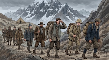 Varios hombres con equipaje y ropa de época recorren un sendero montañoso con un campamento y picos nevados al fondo.