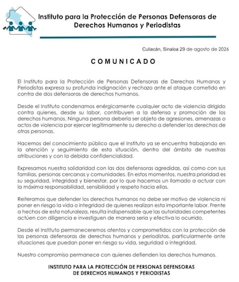 Comunicado del Instituto de Protección tras el ataque armado. Crédito: Facebook - Instituto de Protección Sinaloa
