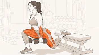 Ilustración de mujer realizando sentadilla búlgara con mancuernas en un gimnasio, con músculos de brazos y piernas resaltados en naranja.