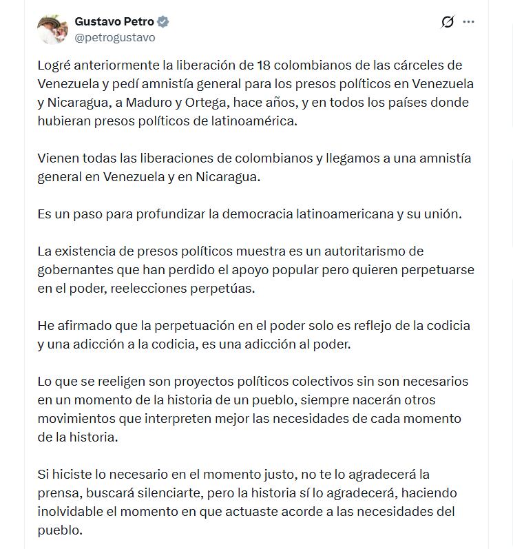 El presidente sacó pecho por gestiones pasadas y se atribuyó liberaciones que, según dijo, marcaron un precedente regional - crédito @petrogustavo/X