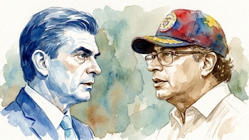 Duque y Petro: Expresidentes colombianos cara a cara en retrato acuarela - VisualesIA ScribNews