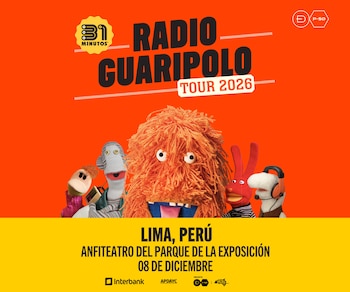 Afiche con títeres de 31 Minutos sobre un fondo naranja y una franja amarilla con información del concierto en Lima