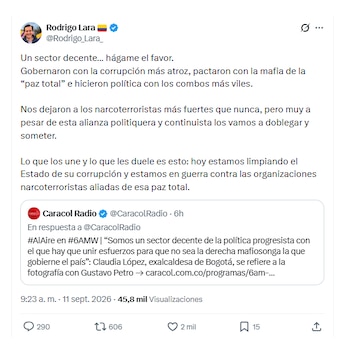 Rodrigo Lara cuestionó encuentro entre Claudia López y Gustavo Petro