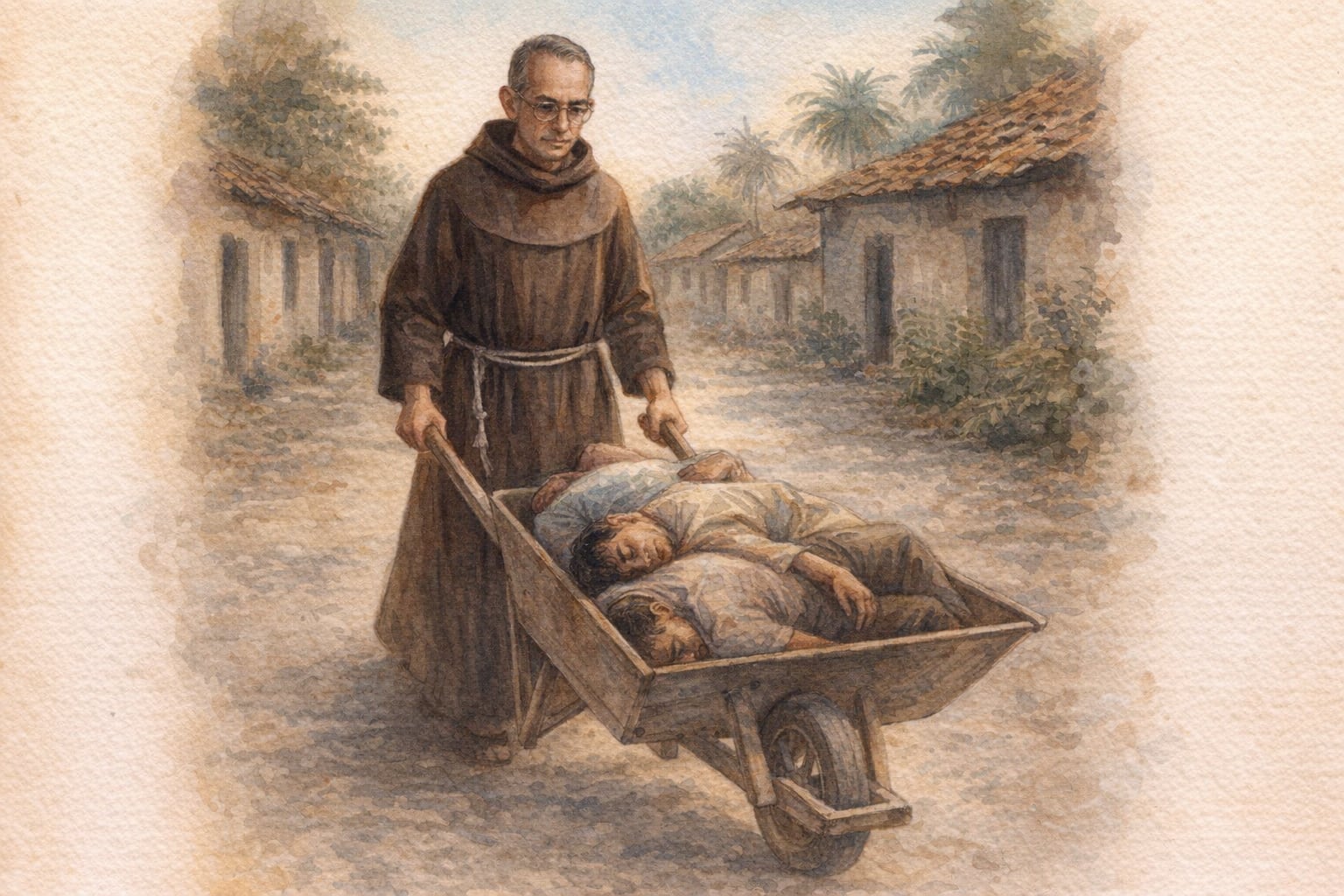 Una acuarela muestra a Fray Cosme Spessotto Zamuner, fraile franciscano, empujando una carretilla con cuerpos de caídos en una calle polvorienta de San Juan Nonualco, El Salvador, durante la guerra civil. (Imagen Ilustrativa Infobae)