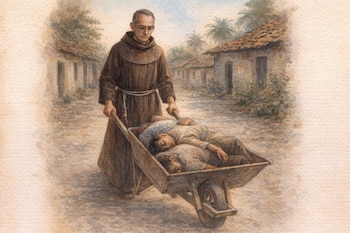 Ilustración en acuarela de Fray Cosme Spessotto empujando una carretilla con dos cuerpos en una calle polvorienta de un pueblo con casas humildes.