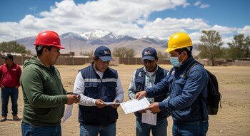 Cuatro hombres en un campo seco bajo un cielo azul. Tres llevan chalecos y cascos; uno con mascarilla. Dos revisan documentos. Al fondo, montañas nevadas.