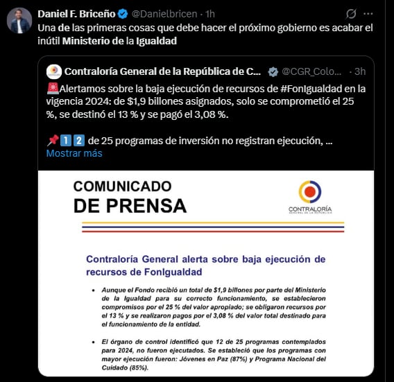El concejal de Bogotá Daniel Briceño cuestionó la continuidad del Ministerio de Igualdad y Equidad tras el informe de la Contraloría - crédito red social X
