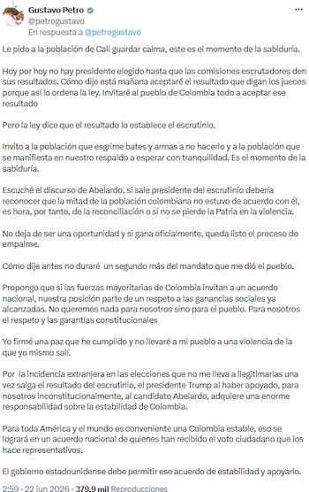 O presidente publicou uma mensagem nas redes sociais em que pedia calma e dizia que aceitaria o que o juiz decidir. - crédito @petrogustavo/