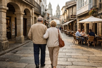 Una pareja de personas mayores camina de espaldas en una calle empedrada del casco histórico de Lugo con edificios antiguos, soportales y terrazas.