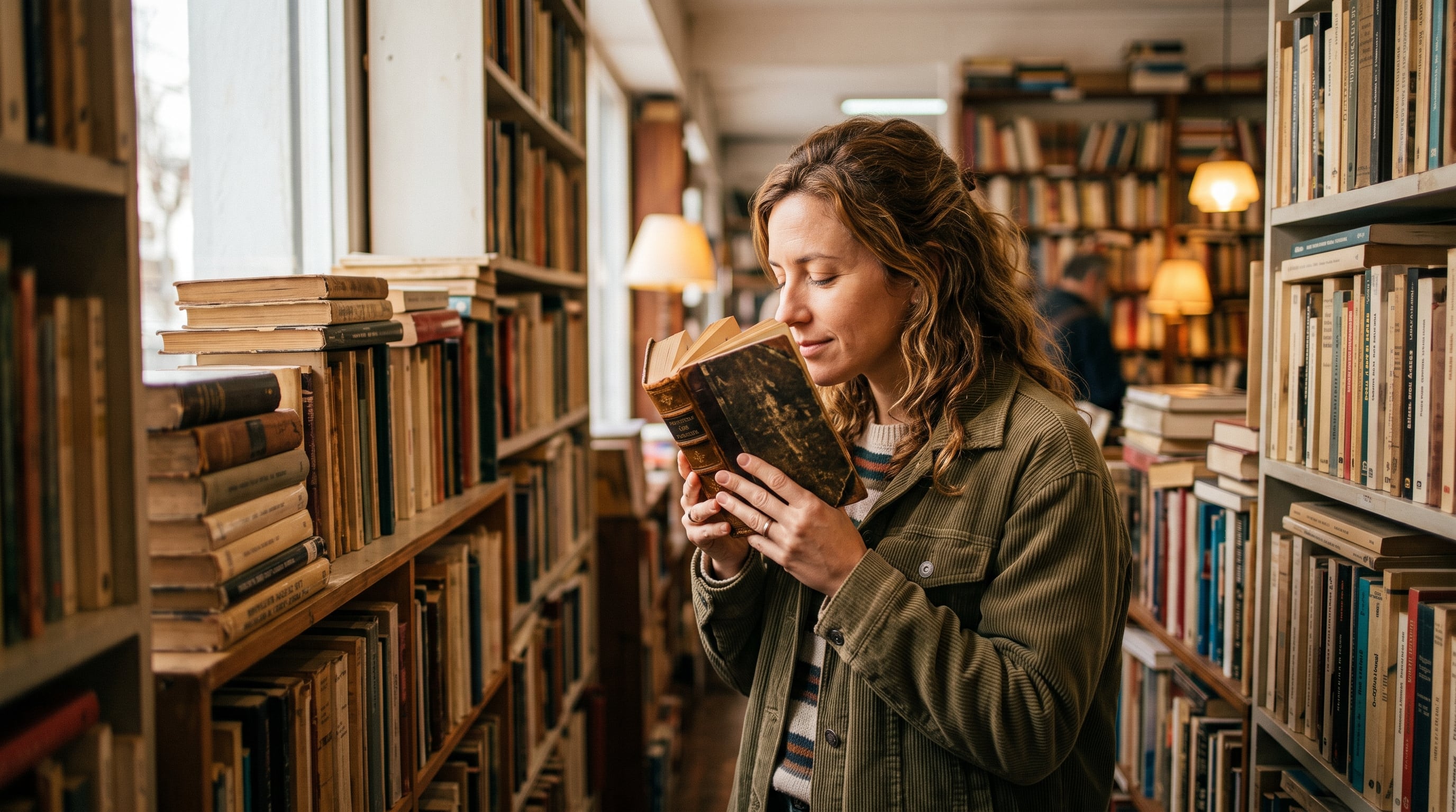 Una mujer huele las páginas de un libro antiguo entre las estanterías de una librería de libros usados. (Imagen Ilustrativa Infobae)