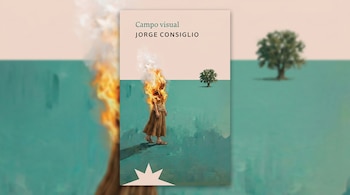 Portada de "Campo visual" de Jorge Consiglio. Figura con la cabeza en llamas, árbol y cielo rosa sobre campo verde azulado. El fondo extiende los colores y motivos.