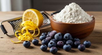 Un cuenco de madera con harina leudante, un limón cortado a la mitad con ralladura, un rallador y arándanos frescos y congelados sobre una superficie de madera.