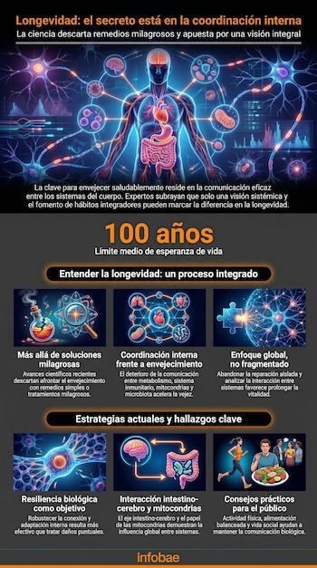 Infografía sobre longevidad con una figura humana azul, órganos y neuronas interconectados. Muestra pequeños paneles con gráficos, una persona ejercitándose y comiendo.