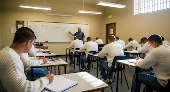 Un instructor enseña a varios hombres detenidos, vestidos con suéteres blancos y jeans azules, sentados en escritorios en un aula. Hay un pizarrón y una ventana enrejada.