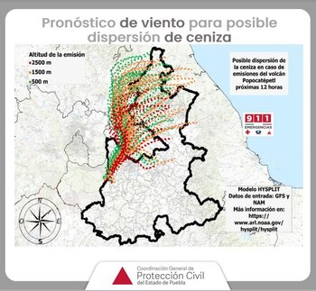 Mapa con la dirección que podrían tomar las emisiones del volcán Popocatépetl hoy lunes 8 de abril