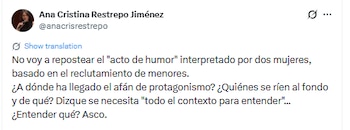 La periodista Ana Cristina Restrepo aseguro que no se trató de "un acto de humor" - crédito @anacristinarestrepo/X