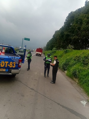Tres agentes de policía uniformados están en una carretera junto a una camioneta azul. Se ven vehículos al fondo, árboles y pasto a los lados, bajo un cielo nublado
