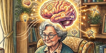 Ilustración de una mujer mayor sonriendo con un cerebro luminoso sobre su cabeza, que emite luz, engranajes, bombillas y neuronas en un entorno doméstico