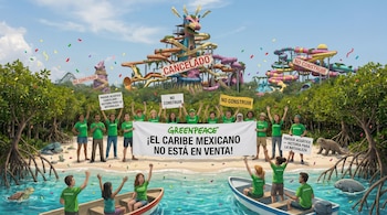 Activistas de Greenpeace celebran en una playa con botes y banners. De fondo, toboganes de parque acuático desmantelados, manglares, tortuga marina y manatí.