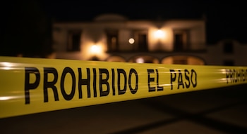 Cinta amarilla con letras negras que dicen Prohibido el paso en primer plano, con una casa borrosa y luces encendidas al fondo en la oscuridad.