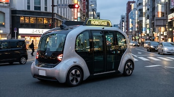 Vista trasera de un robotaxi plateado y negro con la señal "ROBOTAXI" iluminada en el techo, moviéndose por una calle urbana con edificios iluminados y coches de fondo.