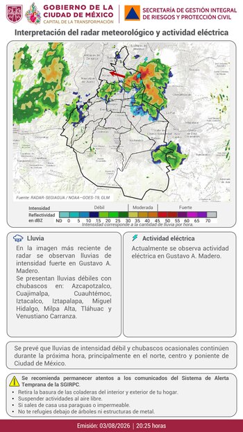 Mapa de la Ciudad de México con superposición de radar meteorológico, áreas coloreadas de intensidad de lluvia, símbolos de actividad eléctrica y leyendas informativas