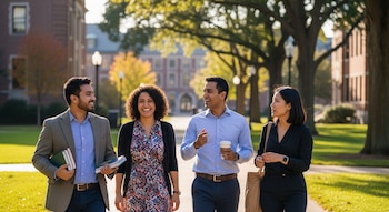 Cuatro profesores, dos hombres y dos mujeres, caminan sonrientes por un campus universitario soleado. Llevan libros y una taza de café, con edificios y árboles al fondo.