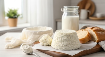 Ricota en forma de cono y desmenuzada, lienzo blanco escurrido, un frasco con leche, una cuchara con crema, rebanadas de pan artesanal, tabla de madera.