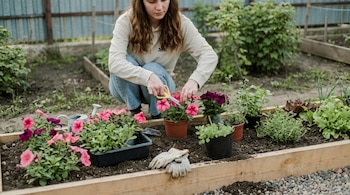 Una mujer agachada usa tijeras para cortar una flor rosa en una maceta, junto a otras plantas, una regadera y guantes sobre un bancal de madera.