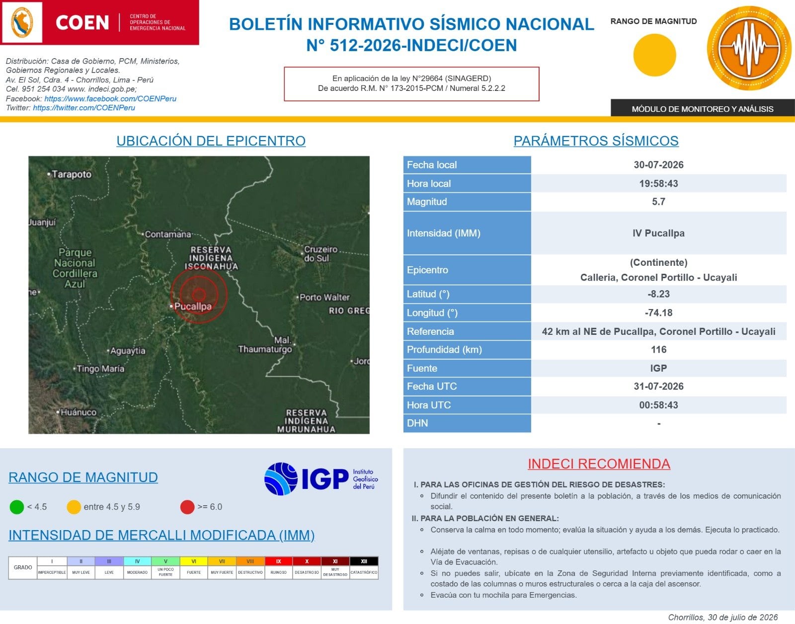 El boletín sísmico del IGP y COEN detalla un temblor de magnitud 5.7 con epicentro en Coronel Portillo, Ucayali, el 30 de julio de 2026. (COEN)