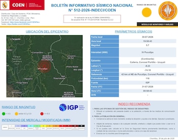 Boletín informativo sísmico nacional con logotipo COEN e IGP. Contiene un mapa del epicentro en Pucallpa, tabla de parámetros sísmicos y escala de Mercalli