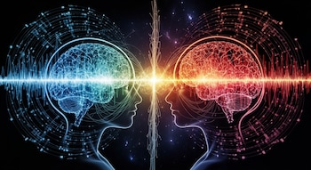 Dos perfiles siluetados enfrentados, uno azul y uno rojo, con cerebros internos y ondas sonoras pulsantes que se cruzan al centro.
