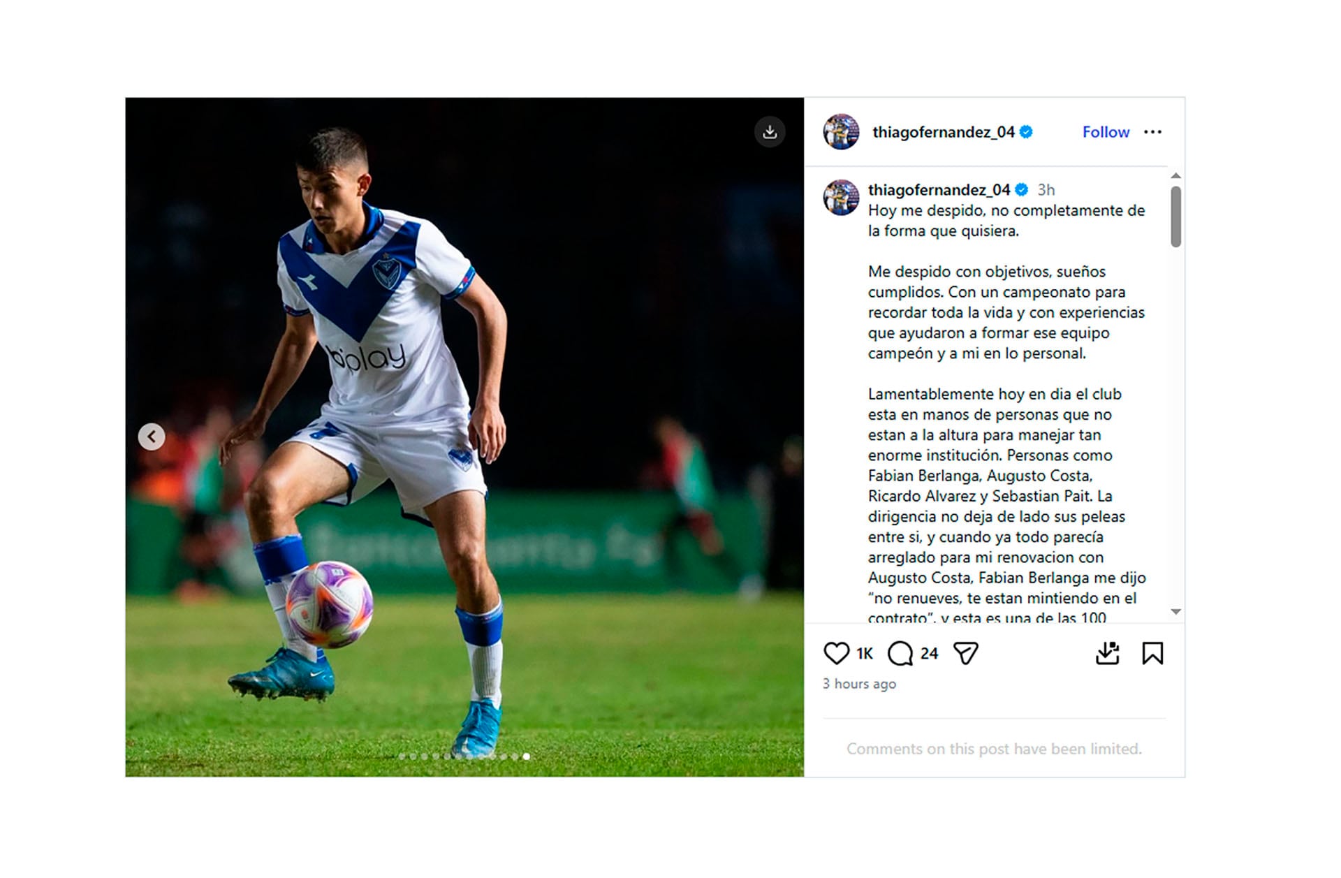 El posteo de Thiago Fernández en el que se despidió Vélez (@thiagofernandez_04)