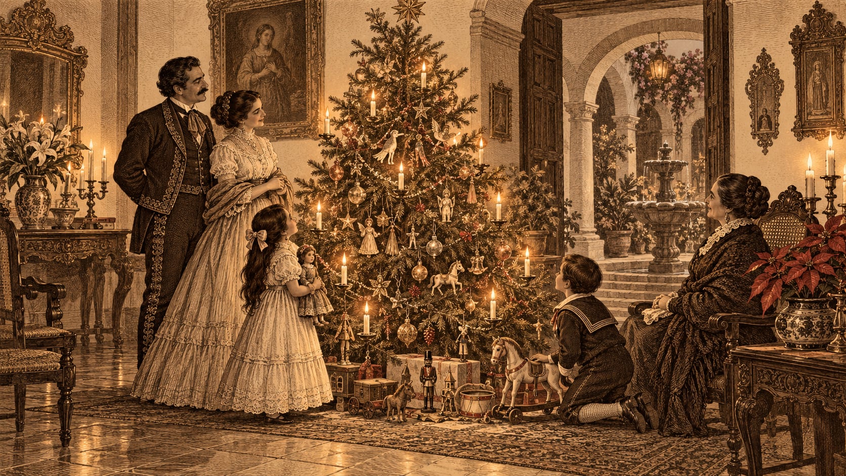 Una familia vestida con trajes de época se reúne en un salón elegante alrededor de un árbol de Navidad decorado con velas y juguetes antiguos.