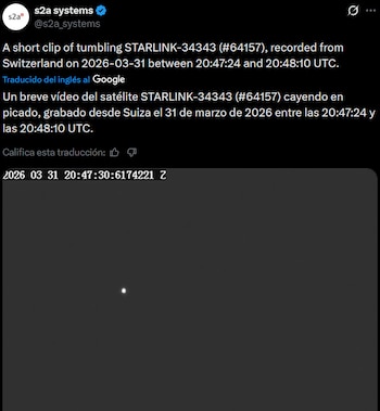 Satélite de Starlink, operado por SpaceX, fue captado mientra caía.