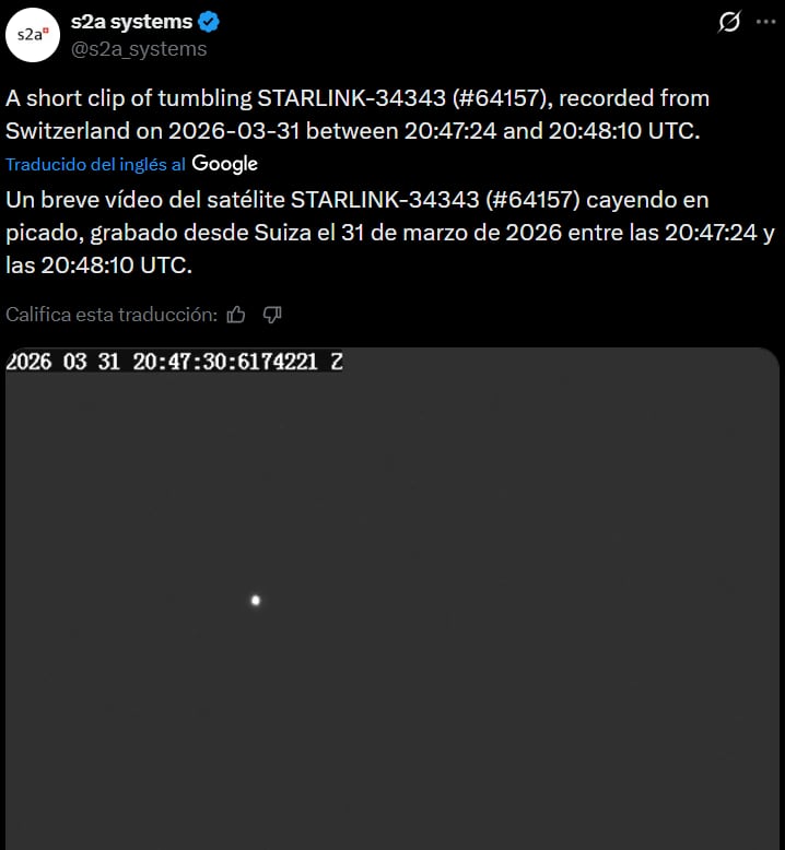 Satélite de Starlink, operado por SpaceX, fue captado mientra caía.
