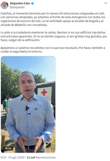 Alcalde de Cali alerta sobre personas atrapadas tras colapsos y exige reporte inmediato de daños - crédito @alejoeder/X