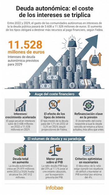 Infografía sobre el coste de los intereses de la deuda autonómica. Muestra columnas de monedas y billetes en ascenso, una flecha y seis cuadros con gráficos y texto explicativo.