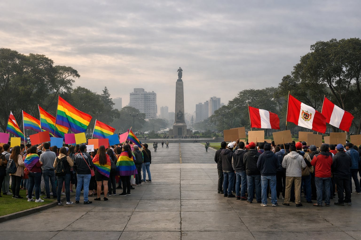 Dos grupos de personas con banderas arcoíris y de Perú se preparan para movilizaciones en el Campo de Marte y la avenida de la Peruanidad en Lima al amanecer, con un monumento al fondo. (Imagen Ilustrativa Infobae)