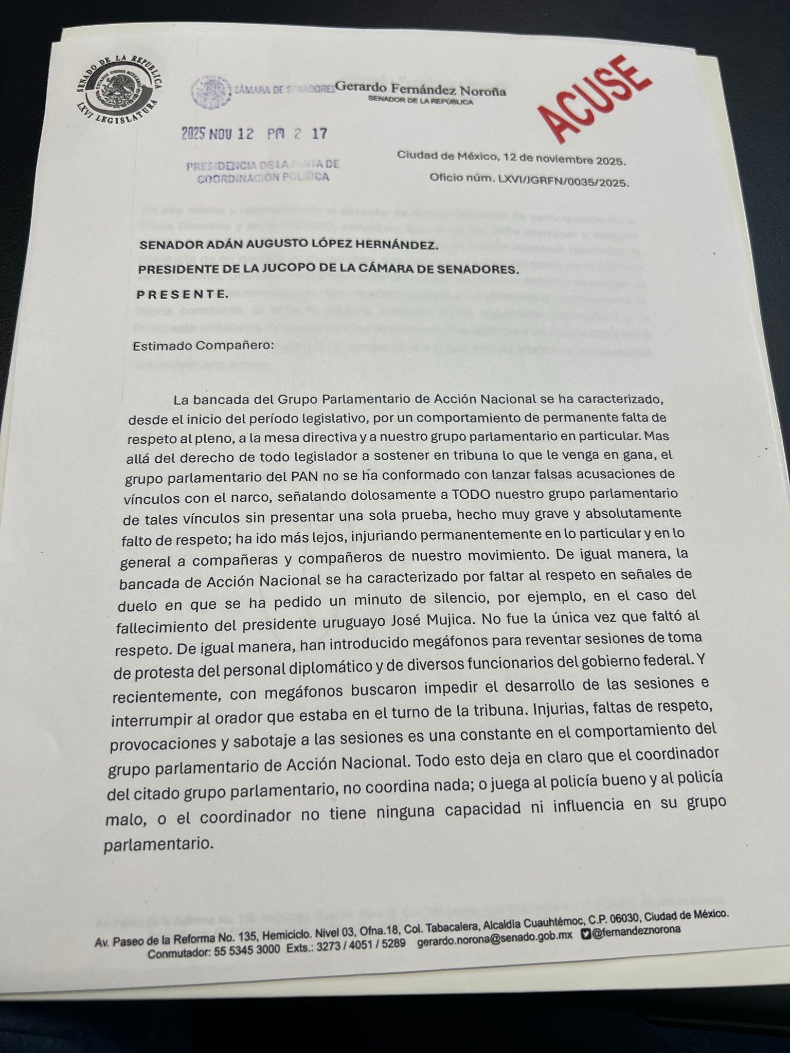 Carta de Noroña a Adán Augusto (1/2). Foto: x.com/@fernandeznorona