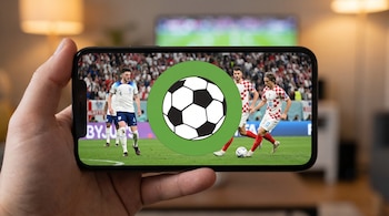 Mano sosteniendo un celular que reproduce un partido de fútbol Inglaterra vs Croacia. Un logo de balón de fútbol grande y verde está superpuesto en el centro.