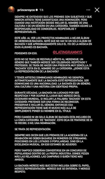 Prince Royce cuestionó la exclusión del álbum 'Better Late Than Never' en las nominaciones de los Latin Grammy 2026 - crédito @princeroyce/Instagram